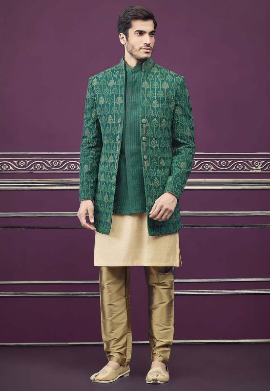 Silk Designer Indowestern Green Colour.