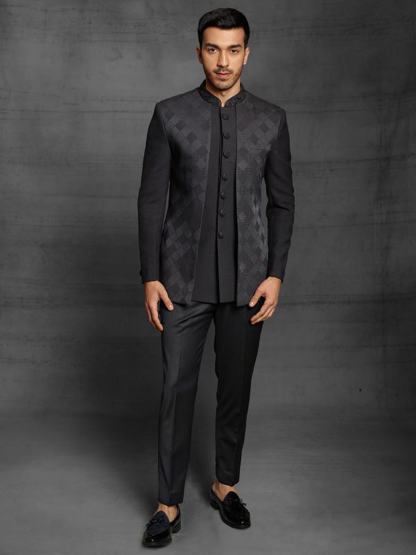 Buy Prussian Blue Velvet Floral Printed Jodhpuri Suit | Manav Ethnic