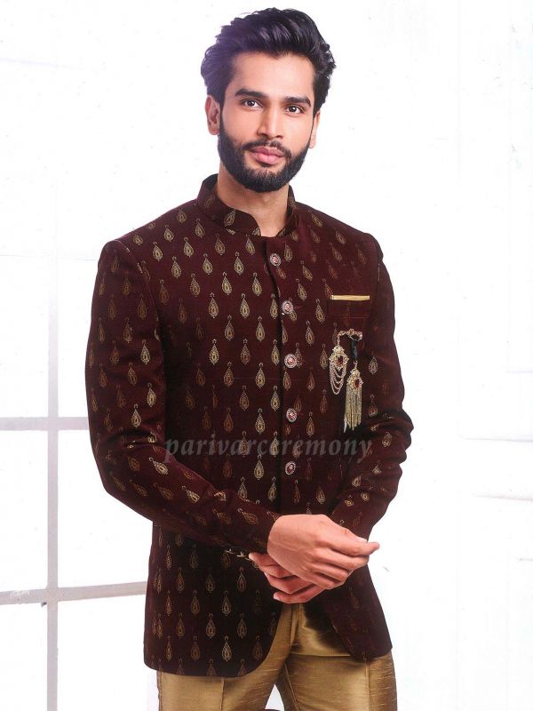 Wine Colour Party Wear bandgala Suit in Imported Fabric.