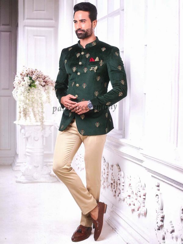Dark Green Colour Imported Fabric Mens Jodhpuri Suit.