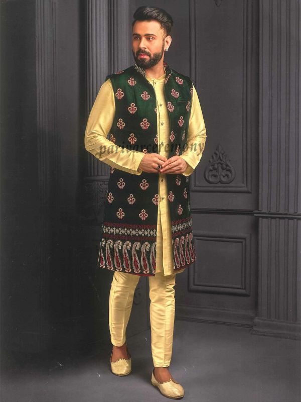 Stylish Kurta Pajama Jacket Green,Golden Colour in Imported Fabric.
