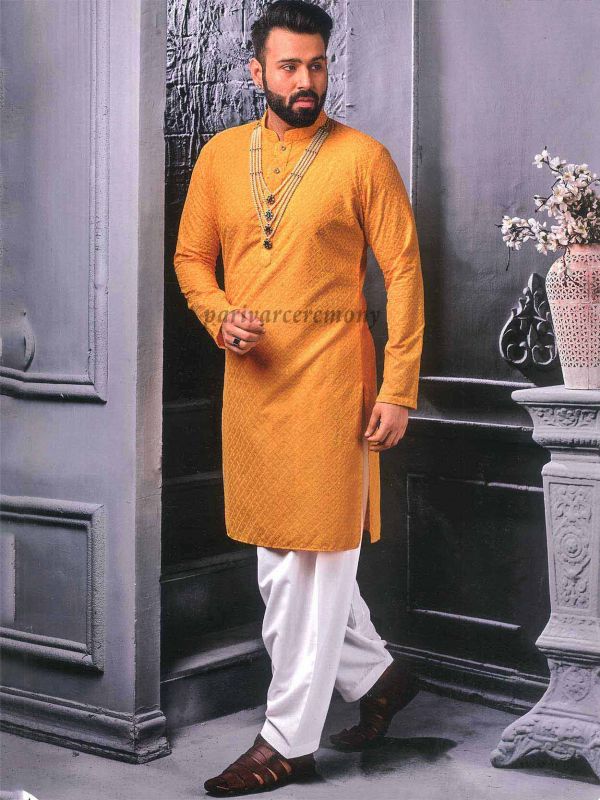 Orange Colour Readymade Kurta Pajama in Cotton,Lucknowi Fabric.