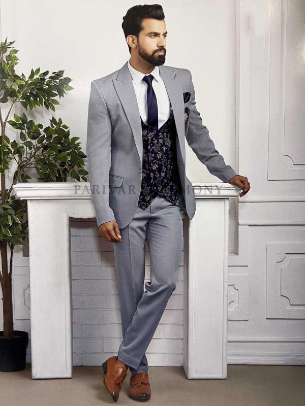 Dashing Grey Colour Imported Fabric Designer Mens Suit.
