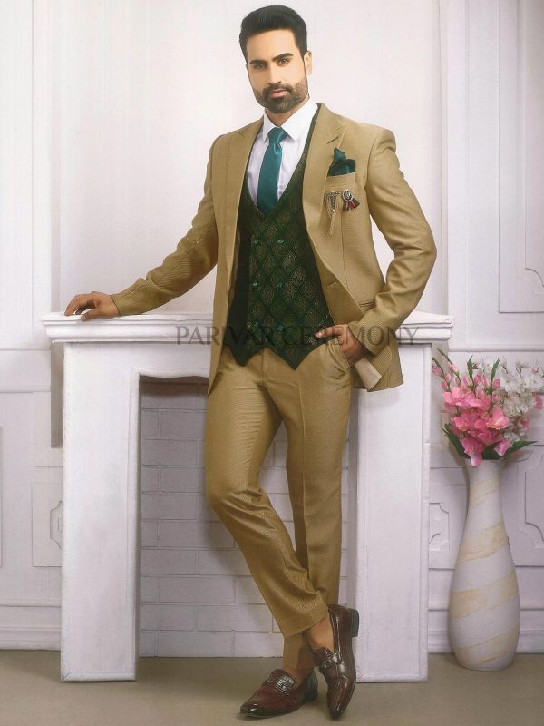 Elegant Three Piece Mens Suit Beige,Golden Colour Imported Fabric.