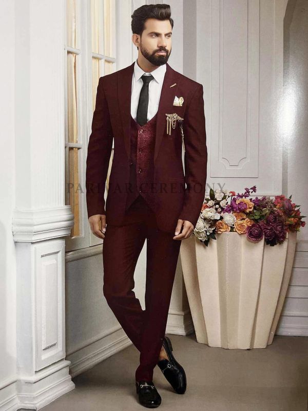 Wine Colour Mens Designer Suit Online in India.