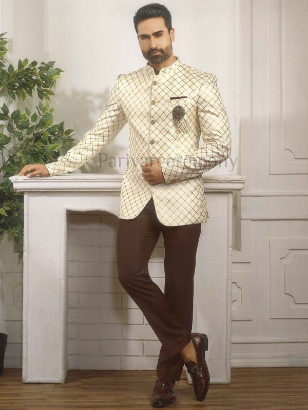 Graceful Cream Colour Imported Fabric Mens Jodhpuri Suit.