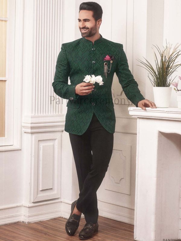 Green Colour Imported Fabric Bandgala Suit.