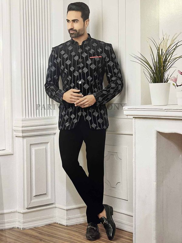 Imported Fabric Designer Bandgala Suit Black Colour.