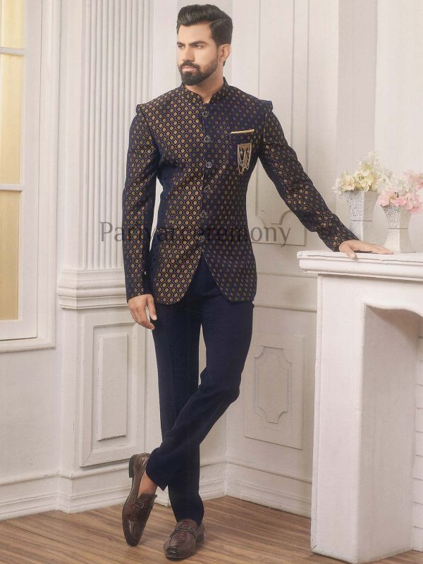 Blue Imported Fabric Mens Designer bandgala Suit online