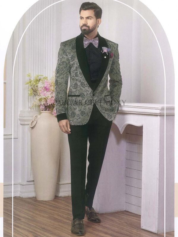 Grey Colour Imported Fabric Designer Men's Tuxedo Suit.