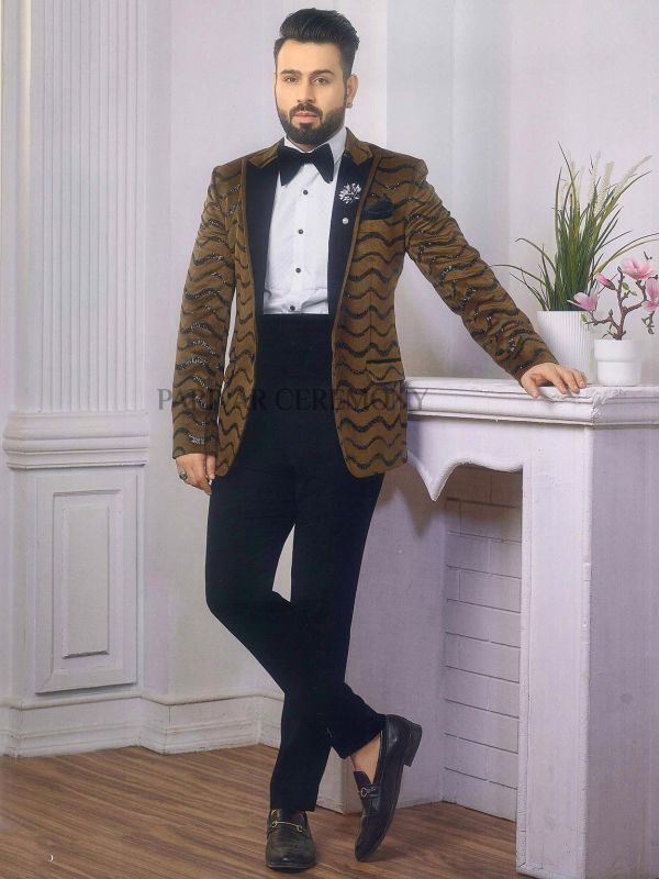Brown Colour Imported Fabric Designer Tuxedo Suit.