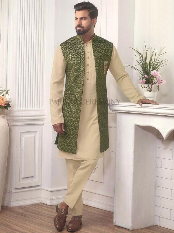 Cream,Green Colour Readyamde Kurta Pajama Jacket in Imported Fabric.