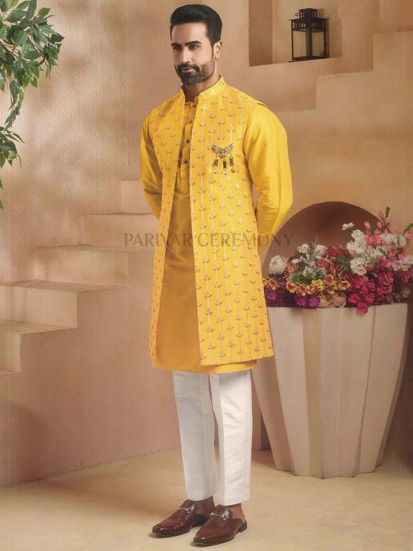 Yellow Colour Designer Long Kurta Jacket in Imported Fabric.
