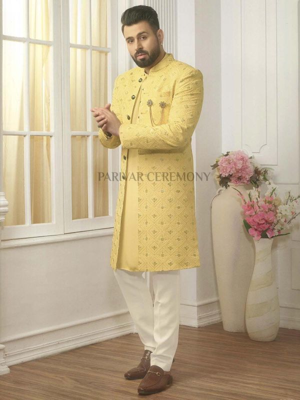Yellow Colour Imported Fabric Mens Designer Indowestern.