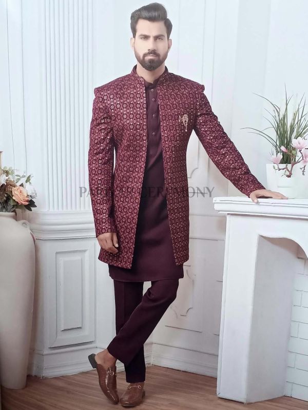 Wine Colour Imported Fabric Party Wear Indowestern.