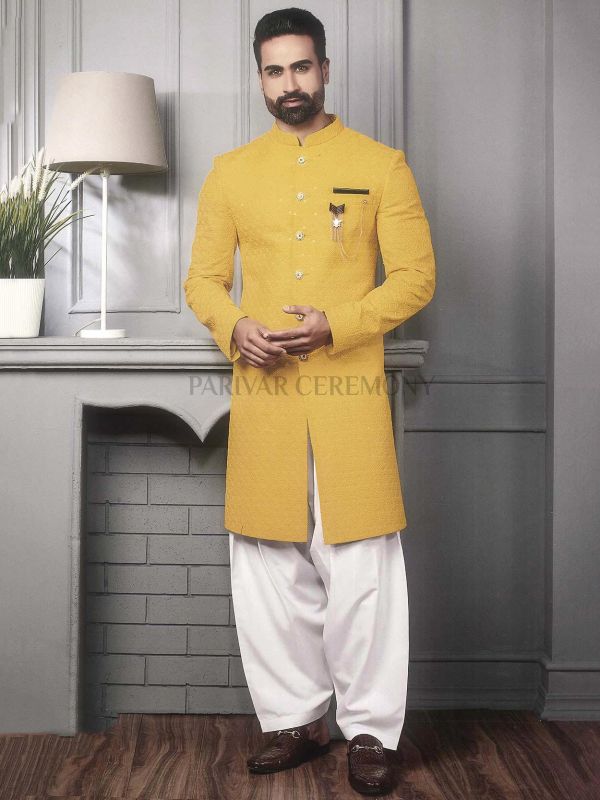 Achkan Style Yellow Colour Mens Indowestern in Imported Fabric.