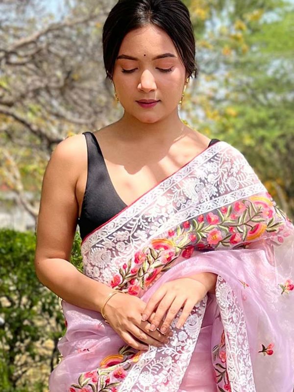 Purple Organza Saree With Embroidered Borders