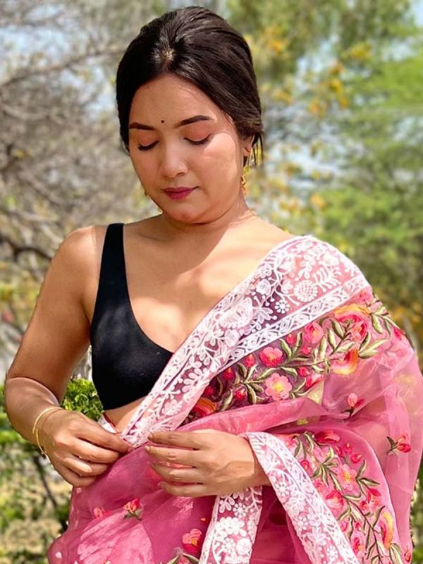 Pink Organza Saree With Floral Prints