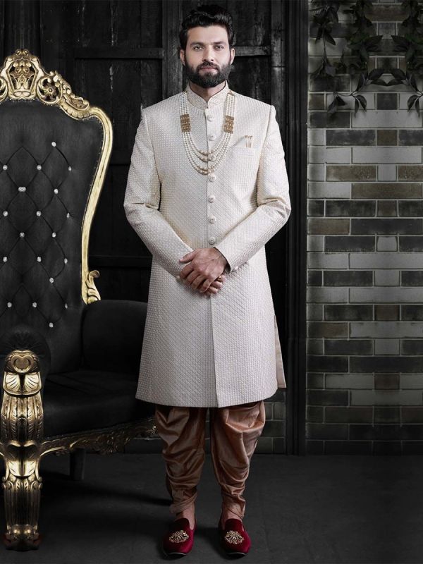 Cream,Off White Colour Latest Designer Groom Sherwani.
