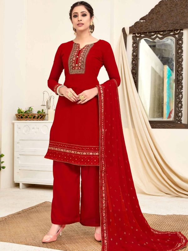 Red Georgette Palazzo Style Suit Set