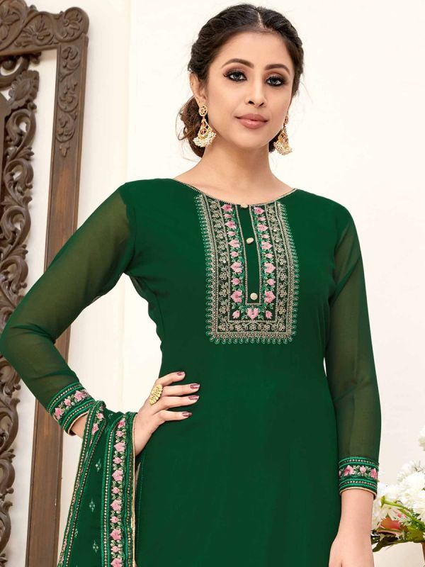 Green Embroidered Palazzo Suit In Georgette