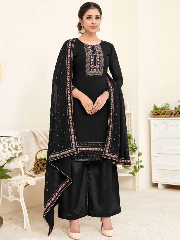 Black Palazzo Style Suit With Embroidery