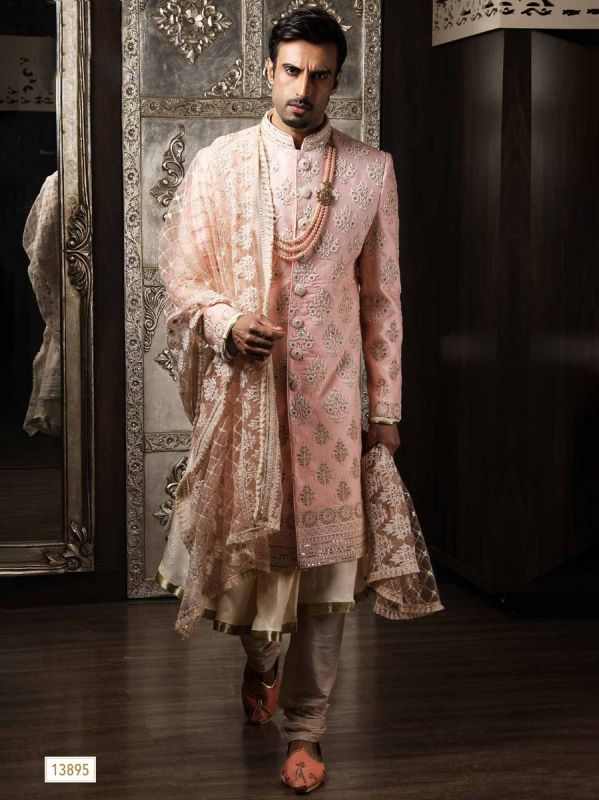Peach Silk Embroidered Sherwani With Stole