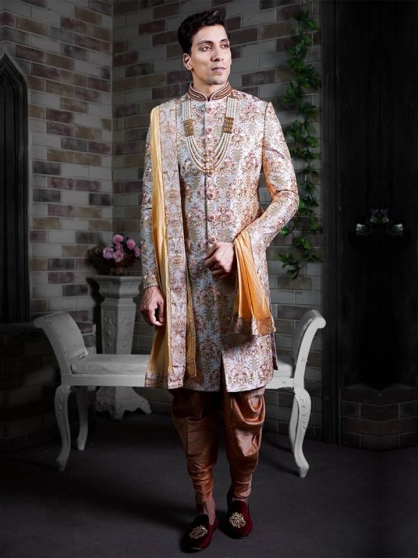Cream Colour Silk Men's Sherwani.