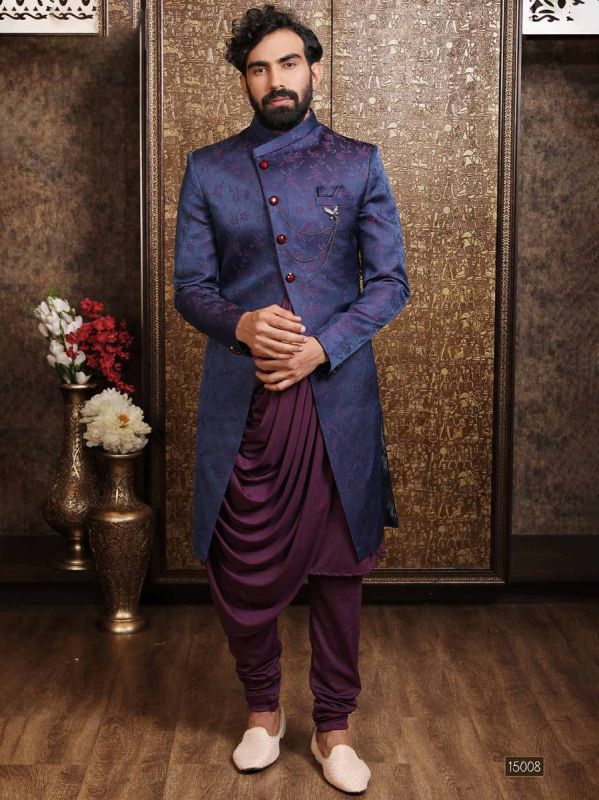 Blue Asymmetric Jacquard Indo Western For Men