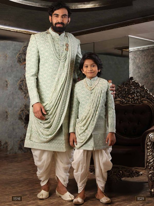 Green Thread Embroidered Sherwani With Dhoti