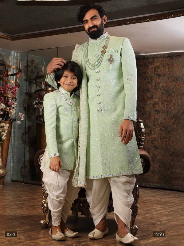 Green Mirror Work Mens Sherwani With Dhoti Set