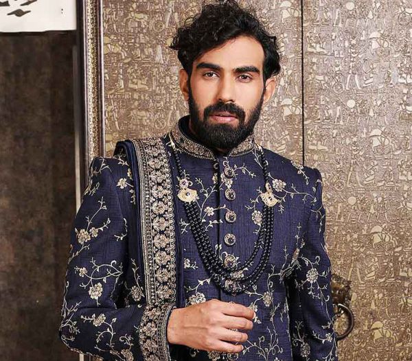 Blue Embroidered Silk Sherwani Set With Embroidery