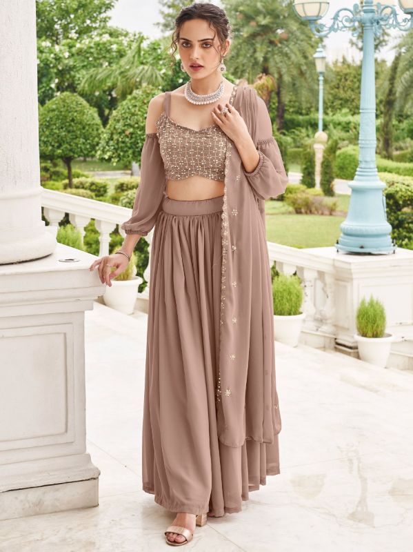 Brown Sequined Lehenga Choli With Cape Style Sleeves