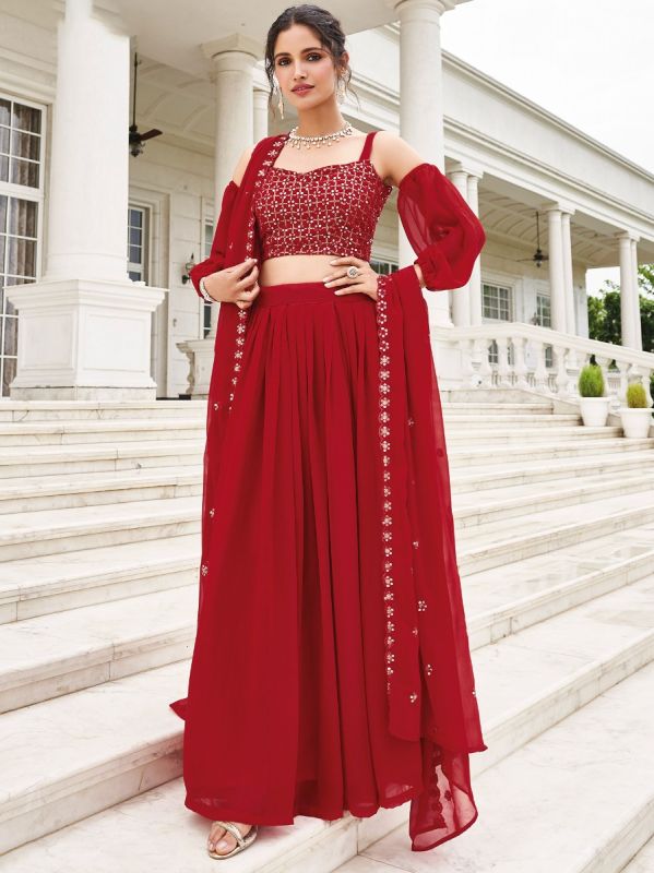 Red Cape Sleeved Lehenga Choli With Sequins Work