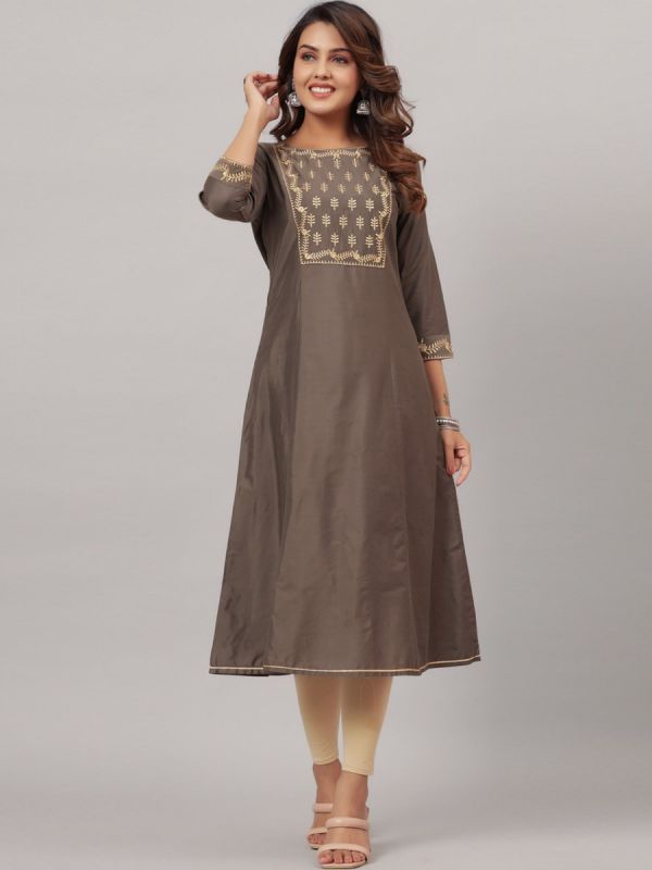 Grey Flared Kurta Set With Embroidery