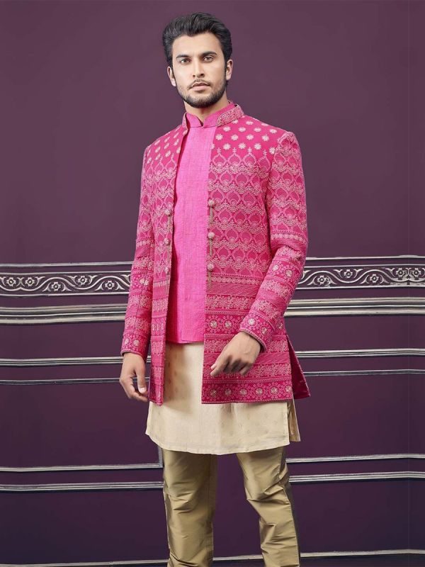 Pink Designer Indo Western Sherwani In Silk