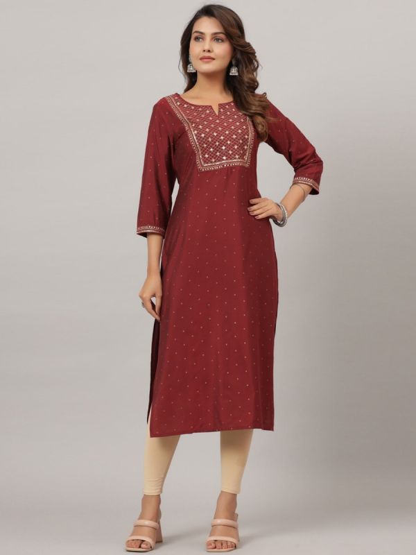 Maroon Embroidered Straight Cut Kurta Set