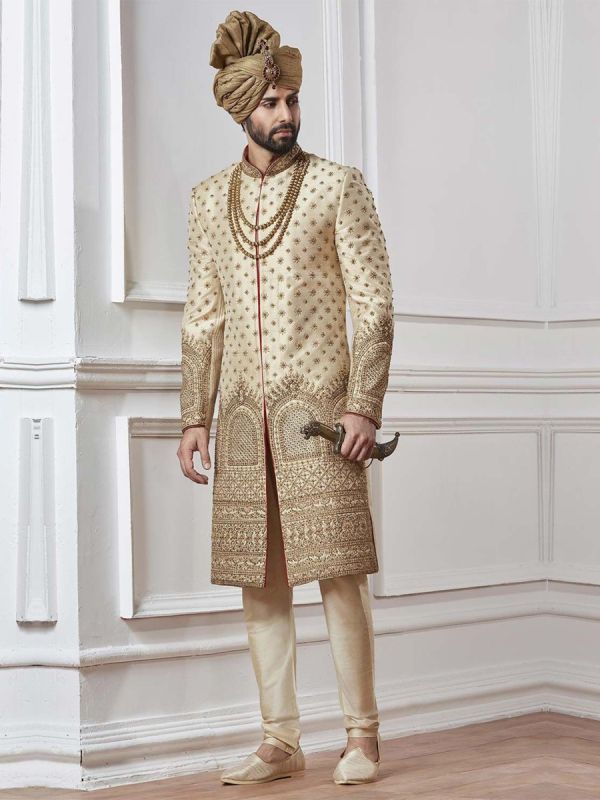 Buy desinger sherwani in Cream,Golden Color Indian style