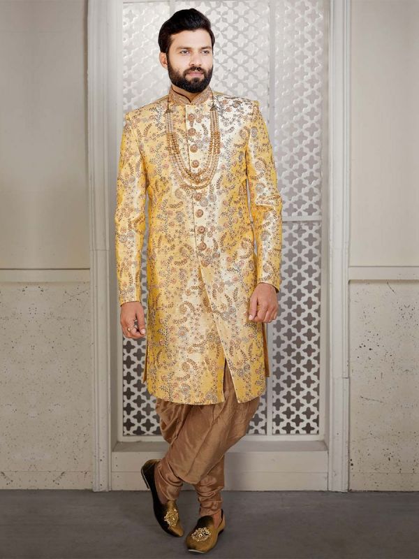 Yellow Colour Silk Designer Sherwani.