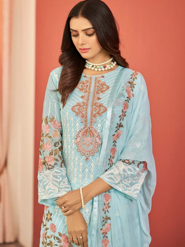 Blue Thread Embroidered Pant Suit In Georgette