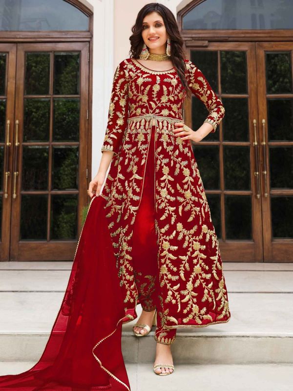 Red Embroidered Slitted Salwar Suit In Net