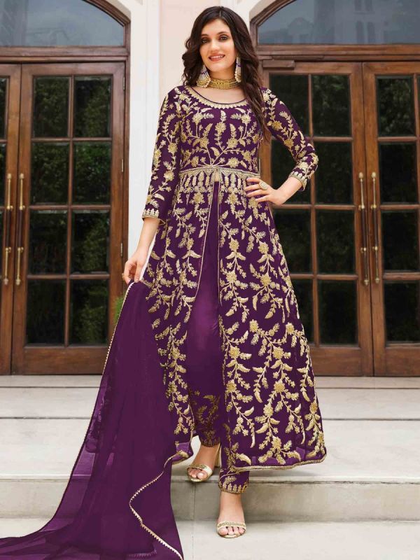 Purple Net Embroidered Slitted Salwar Suit
