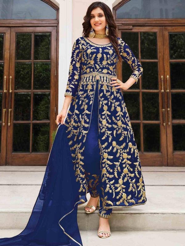 Blue Embroidered Slitted Anarkali Suit