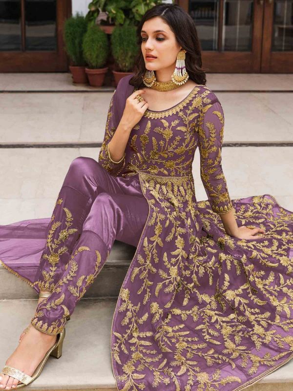 Purple Net Slittet Suit With Zari Embroidery
