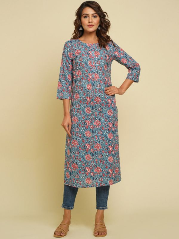 Blue Floral Print Kurta In Cotton