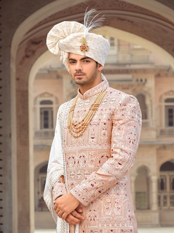 Beige Embroidered Readymad Groom Sherwani Set