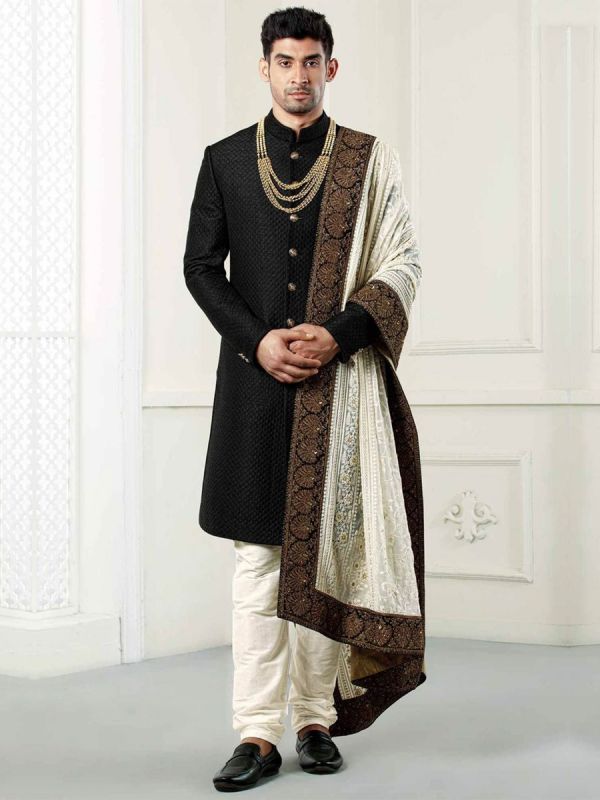 Buy designer Quilted indowestern sherwani in Black colour