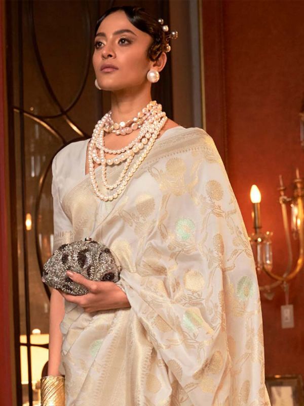 White Floral Woven Saree In Silk