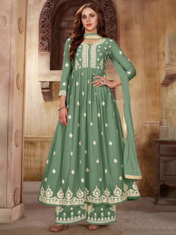 Green Embroidered Palazzo Suit With Embroidery