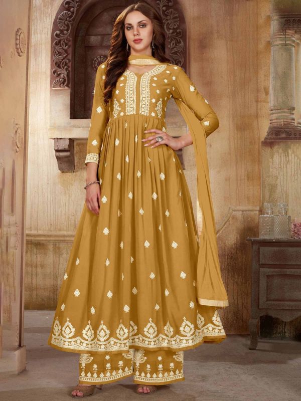 Mustard Yellow Embroidered Palazzo Suit 